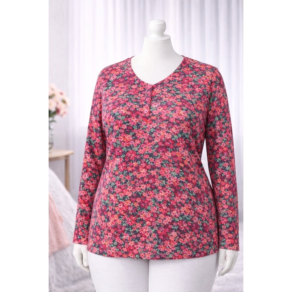 Floral Henley Long Sleeve Top Pink Orange Ditsy Flower Plus Size 3X